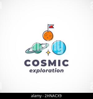 Cosmic exploration Abstract Vector Sign, Symbol, logo Template. Contour planètes spatiales Silhouette avec typographie moderne. Science fiction fantastique Illustration de Vecteur