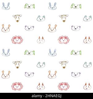 Joli motif sans couture avec le visage de différents animaux. Muzzles de dessin animé de chat, chien, mouton, agneau. Les têtes d'un ours, d'un renard, d'un lièvre ou d'un lapin. Drôle f Illustration de Vecteur