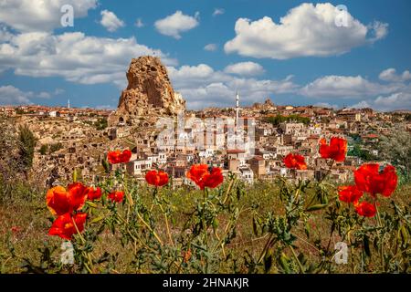 Forteresse d'Ortahisar en Cappadoce, destination touristique populaire, vue de face avec des coquelicots rouges en premier plan Banque D'Images