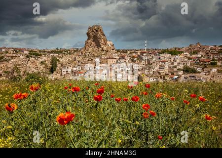 Forteresse d'Ortahisar en Cappadoce, destination touristique populaire, vue de face avec des coquelicots rouges en premier plan Banque D'Images