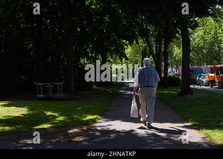 Homme âgé marchant sur un chemin éclairé par le soleil entre les arbres dans un parc Banque D'Images