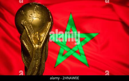 6 octobre 2021, Rabat, Maroc.Coupe du monde de la FIFA sur fond de drapeau du Maroc. Banque D'Images