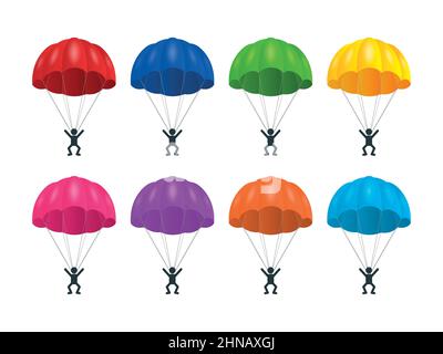 Vector 3D Realistic Red, Blue, Green, Yellow, Pink, Parachute violet, orange, bleu avec ensemble Skydiver isolé. Concept de saut en parachute. Couleur Illustration de Vecteur