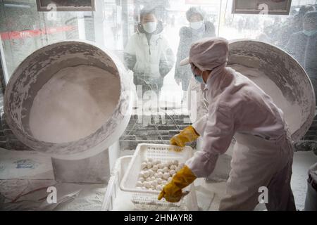 Wuhan, Chine. 15th févr. 2022. Un employé fabrique du Tangyuan (également connu sous le nom de boulettes de riz gluant ou simplement appelé boulettes de Yuanxiao chinois) lors d'un atelier pour le Festival Lantern. Le festival Lantern, également appelé festival Shangyuan est un festival traditionnel chinois célébré le quinzième jour du premier mois dans le calendrier lunisolaire chinois pendant la pleine lune dans les pays d'Asie du Sud-est. Crédit : SOPA Images Limited/Alamy Live News Banque D'Images