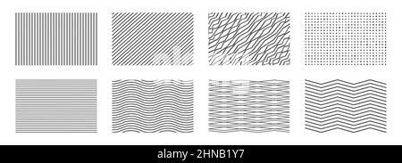 Motifs à rayures, lignes droites et brisées, lignes ondulées et points de différentes tailles. Illustration vectorielle plate isolée sur fond blanc. Illustration de Vecteur