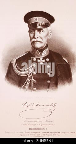 Commandant des forces militaires, terrestres et maritimes de la Crimée, le général Adjutant Alexandre Sergeïevitch Menshikov. Gravure du 19th siècle. Banque D'Images