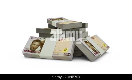 3D rendu de la pile de 1000 billets de naira au Nigeria. Lots de billets de monnaie naira isolés sur fond blanc Banque D'Images