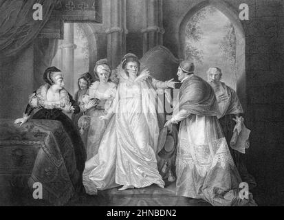 La reine Catherine, le cardinal Wolsey et le cardinal Campeius du roi Henri VIII de Shakespeare, Acte 3, scène 1 Banque D'Images