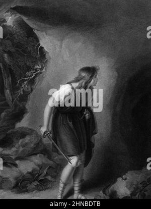 Imogen avant la grotte de Belarius de la Cymbeline de Shakespeare, Acte 3, scène 6 Banque D'Images