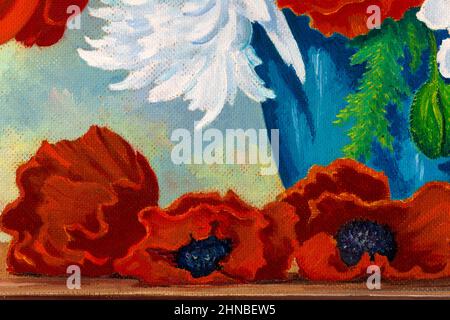 Peinture à l'huile encore en gros plan représentant des coquelicots rouges et des fleurs de péonies blanches. Banque D'Images