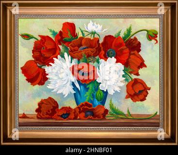 Peinture à l'huile de vie dans un cadre en bois doré représentant un bouquet de coquelicots rouges et de fleurs de péonies blanches dans un vase. Banque D'Images