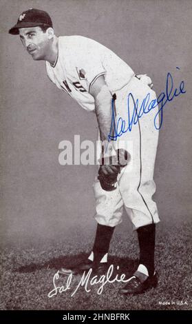 Carte de base-ball de l'exposition Era 1950s représentant Sal Maglie, un pichet avec les New York Giants. Banque D'Images