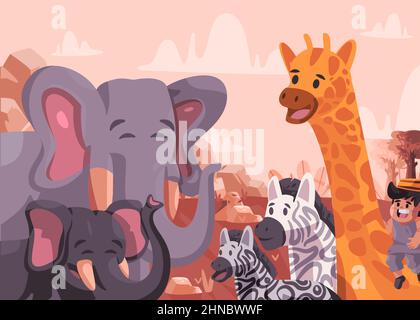 African animal safari girafe éléphant et zébra dessin animé caractère tourisme parc paysage Illustration de Vecteur