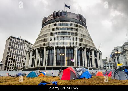 Wellington, Nouvelle-Zélande. 13 février 2022 : tentes sur la pelouse à l'extérieur de la ruche pendant l'occupation du Parlement par un convoi anti-mandat g Banque D'Images