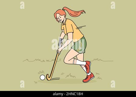 Jouer au golf et au sport. Jeune fille souriante jouant au golf avec le club portant des vêtements de sport prenant le parc en compétition sur l'illustration du vecteur d'herbe Illustration de Vecteur