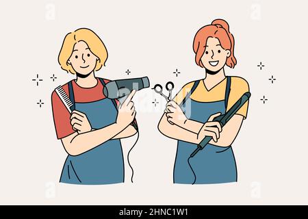 Travailler comme coiffeur dans le concept de salon. Deux jeunes filles souriantes portant des tabliers debout tenant des outils de travail dans l'illustration vectorielle de salon de coiffure Illustration de Vecteur