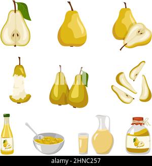 Jeu d'icônes en forme de poire jaune. Fruits entiers et moitiés avec graines et feuilles, embout, jus de poire en bouteille, carafe et verre, confiture dans le pot et morceaux dans le bol. Aliments sucrés pour l'alimentation. Illustration vectorielle plate Illustration de Vecteur