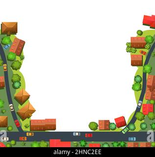 Border la rue de ville. Fragment d'une petite ville. Isolé sur fond blanc. Vue de dessus. Illustration de style dessin animé. Les voitures conduisent à l'alo Illustration de Vecteur