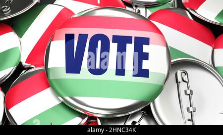 Hongrie et vote - des dizaines de boutons pinback avec un drapeau de Hongrie et un vote de mot. 3D rendre symbolisant le vote à venir dans ce pays., 3D illustraa Banque D'Images