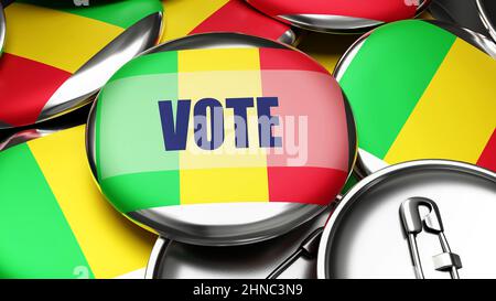 Vote au Mali - drapeau national du Mali sur des dizaines de boutons de pinback symbolisant le vote à venir dans ce pays. , illustration 3d Banque D'Images
