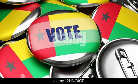 Vote en Guinée Bissau - drapeau national de la Guinée Bissau sur des dizaines de boutons de pinback symbolisant le vote à venir dans ce pays. , illustration 3d Banque D'Images