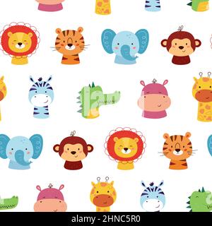 Motif sans coutures avec de jolis personnages animaux africains. Drôle de lion de kawaii, tigre, girafe, éléphant et crocodile. Répétition enfants. Visages de Joker Illustration de Vecteur