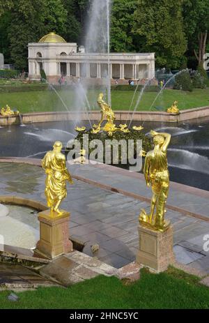 Peterhof/Russia-09.01.2020: Parc Nizhny. Une grande cascade de fontaines de la terrasse du Grand Palais, sculptures d'or des anciens héros. Monum Banque D'Images