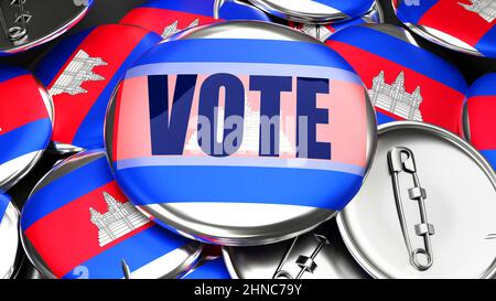 Cambodge et vote - des dizaines de boutons de pinback avec un drapeau du Cambodge et un vote de mot. 3D symbolisent le vote à venir dans ce pays., 3D illust Banque D'Images