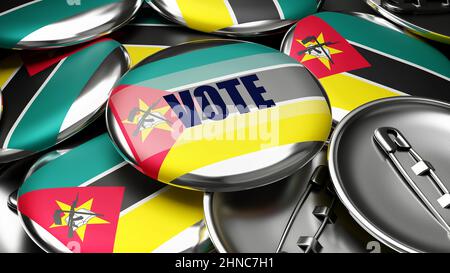 Vote au Mozambique - drapeau national du Mozambique sur des dizaines de boutons de pinback symbolisant le vote à venir dans ce pays. , illustration 3d Banque D'Images