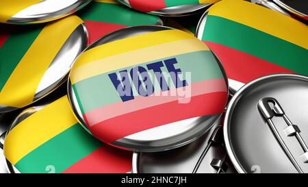 Vote en Lituanie - drapeau national de la Lituanie sur des dizaines de boutons de pinback symbolisant le vote à venir dans ce pays. , illustration 3d Banque D'Images