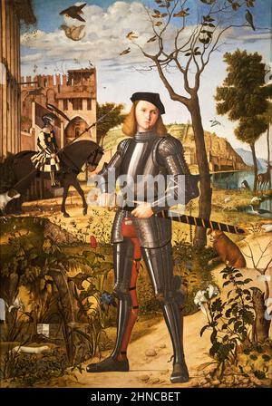 Carpaccio de Vittore. Jeune Chevalier dans un paysage. CA. 1505. Huile sur toile. 218,5 x 151,5 cm. L'image montre le canevas après la restauration qui a pris Banque D'Images