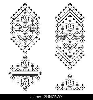 Ensemble de motifs vectoriels géométriques de style scandinave, motif tribal, collection de motifs noir et blanc avec coeurs et lunes inspirés des runes viking Illustration de Vecteur