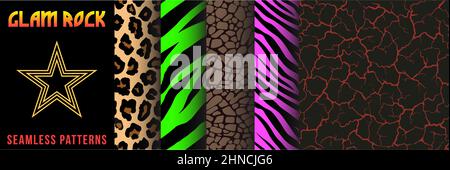 Collection de motifs sans couture Glam Rock Metal des années 80 | ensemble de motifs abstraits à texture vectorielle vive dans un style rétro vintage pour les vêtements et les textiles. Illustration de Vecteur