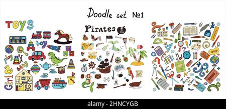 Ensemble de pirate de doodle vectoriel, jouets, supples d'école. Une carte avec un croquis dessiné à la main d'un navire de la sirène et des objets de pirate. Modèle pour cartes postales pour enfants Illustration de Vecteur