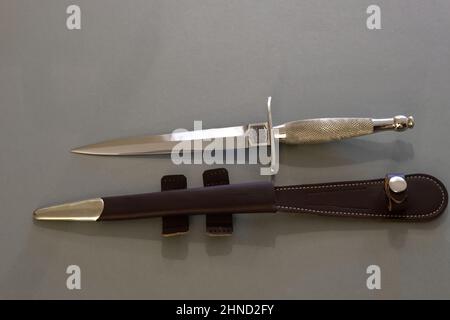 Couteau de combat Sykes Fairbairn Commando Dagger, Mk 1 original avec ricasso gravé. Une très rare épée de Wilkinson, apprêt partie 1 couteau 3' Cross Guard Banque D'Images