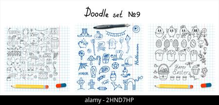 Collections de doodle de Pâques, halloween, saint patrick. Illustrations vectorielles manuelles ilustraation arrière-plan isolé. Grand ensemble d'esquisses Illustration de Vecteur