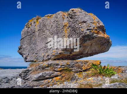Irlande, Comté de Clare, le Burren, Un seul rocher patiné se trouve sur un paysage de calcaire typique. Banque D'Images