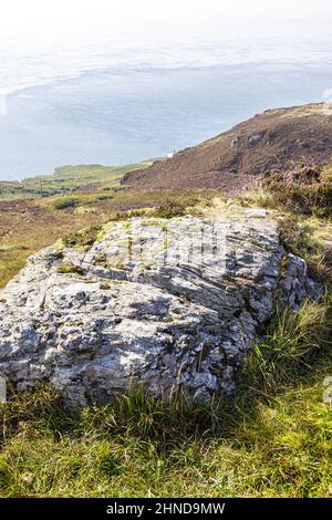 Affleurements rocheux sur les landes recouvertes de bruyère sur le Mull de Kintyre, à l'extrémité sud de la péninsule de Kintyre, Argyll & Bute, Écosse, Royaume-Uni Banque D'Images