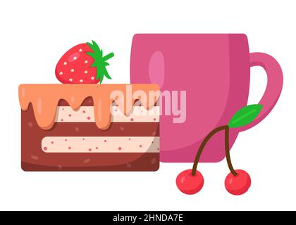Tasse avec boisson et morceau de gâteau, illustration vectorielle dans le style plat de dessin animé. Tasse de café, de cacao ou de thé. Cerise et fraise. Petit déjeuner ou café savoureux Illustration de Vecteur