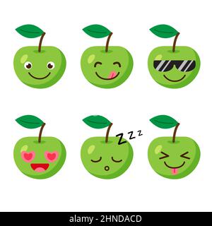 Ensemble d'émoticônes de pomme. Icônes de style kawaii, personnages de fruits. Illustration vectorielle de style dessin animé à plat. Ensemble de sourires ou émoticônes amusants. Bonne nutrition Illustration de Vecteur