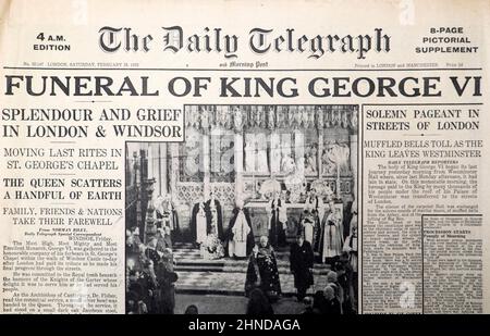 King George VI Funeral 1952 dans le quotidien Telegraph 'Funeral of King George VI' titre de la première page Londres Angleterre Royaume-Uni février 16 1952 Banque D'Images