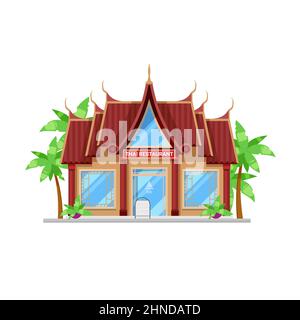Cuisine thaïlandaise restaurant icône bâtiment. Thaïlande café ou restaurant façade avec de grandes fenêtres, porte en verre décorée d'ornements asiatiques, palmiers. A Illustration de Vecteur