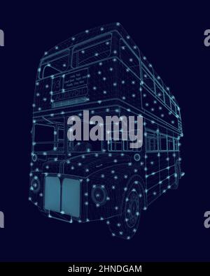Image filaire d'un bus anglais à impériale composé de lignes bleues isolées sur un fond blanc. Vue en perspective. 3D. Illustration vectorielle. Illustration de Vecteur