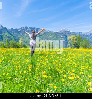 Femme aux mains ouvertes sur le domaine des pissenlits à fleurs. Paysage d'été sur fond de montagnes. Banque D'Images