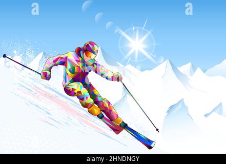 Un skieur descend sur des skis sur fond de ciel, de sommets enneigés et de soleil. Skieur sur une pente enneigée. Illustration de Vecteur