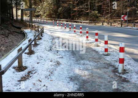 Route glacée et trottoir dans le moddle de la forêt dans le parc national de Roztocze Banque D'Images