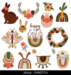 Ensemble coloré pastel Pâques arc-en-ciel. Joyeuses Pâques ! Éléments de boho avec lapin, panier, lapin, fleurs et papillon. Illustration de Vecteur