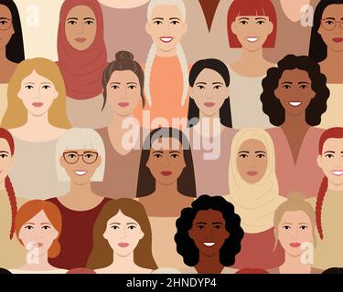 Modèle sans couture de femmes avec différents styles de cheveux, couleurs de peau, courses, âges. Visages variés de femmes souriantes. Journée internationale des femmes. Vecteur plat i Illustration de Vecteur