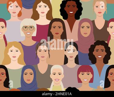 Modèle sans couture de femmes avec différents styles de cheveux, couleurs de peau, courses, âges. Visages variés de femmes souriantes. Journée internationale des femmes. Vecteur plat i Illustration de Vecteur