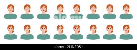 Ensemble d'émotions blanches de femme aux cheveux rouges. Variations des expressions faciales féminines. Sourire, heureux, joyeux, surpris, triste, insatisfait, iré, en colère, t Illustration de Vecteur